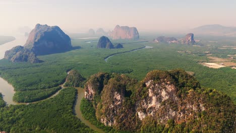 aerial drone fly above limestone tower karst islands in ao phang nga national park thailand