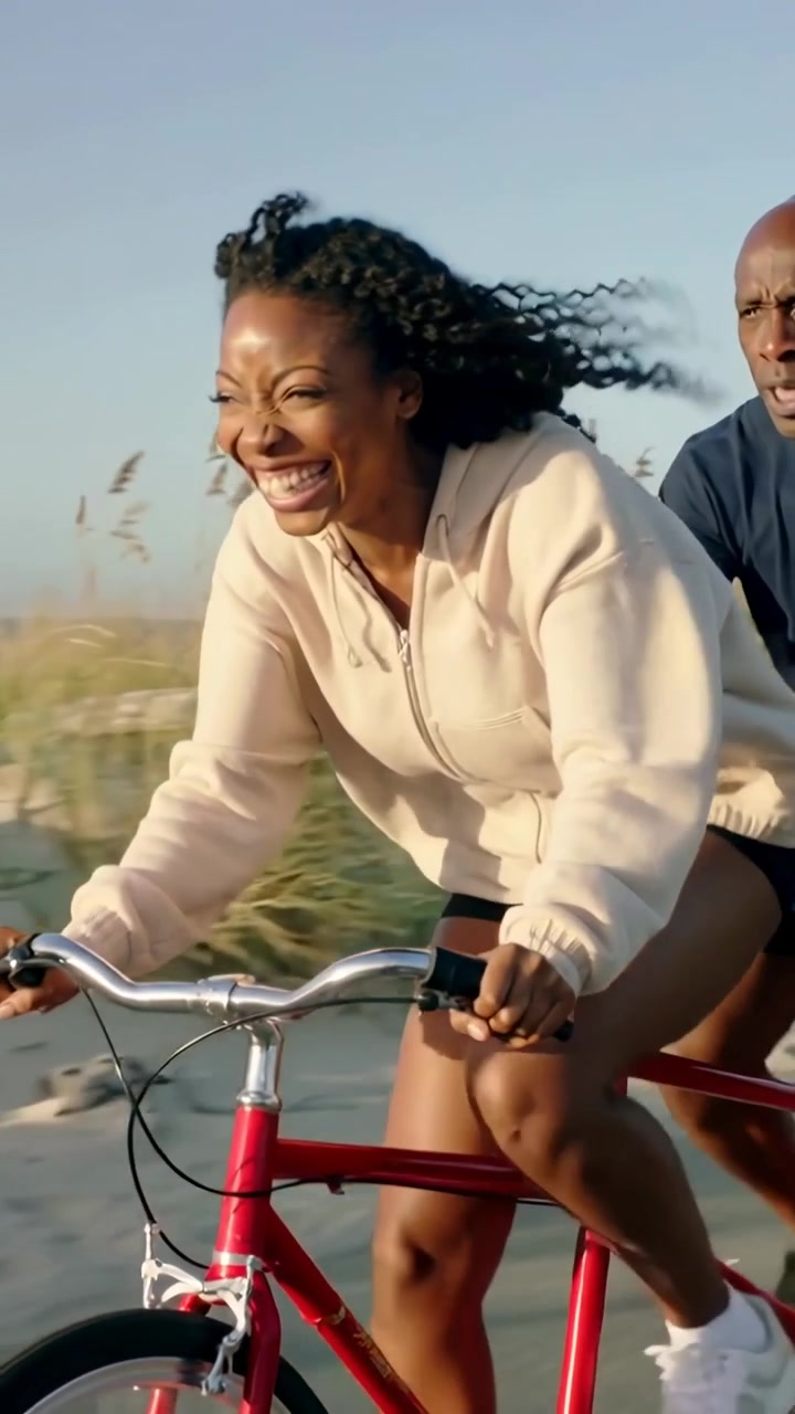 Vertical video: Laughing woman in hoodie steering red tandem along beach path, man pedaling for fun