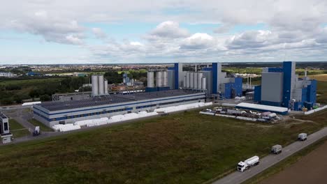 Arial-shot-of-factory-from-up-Close