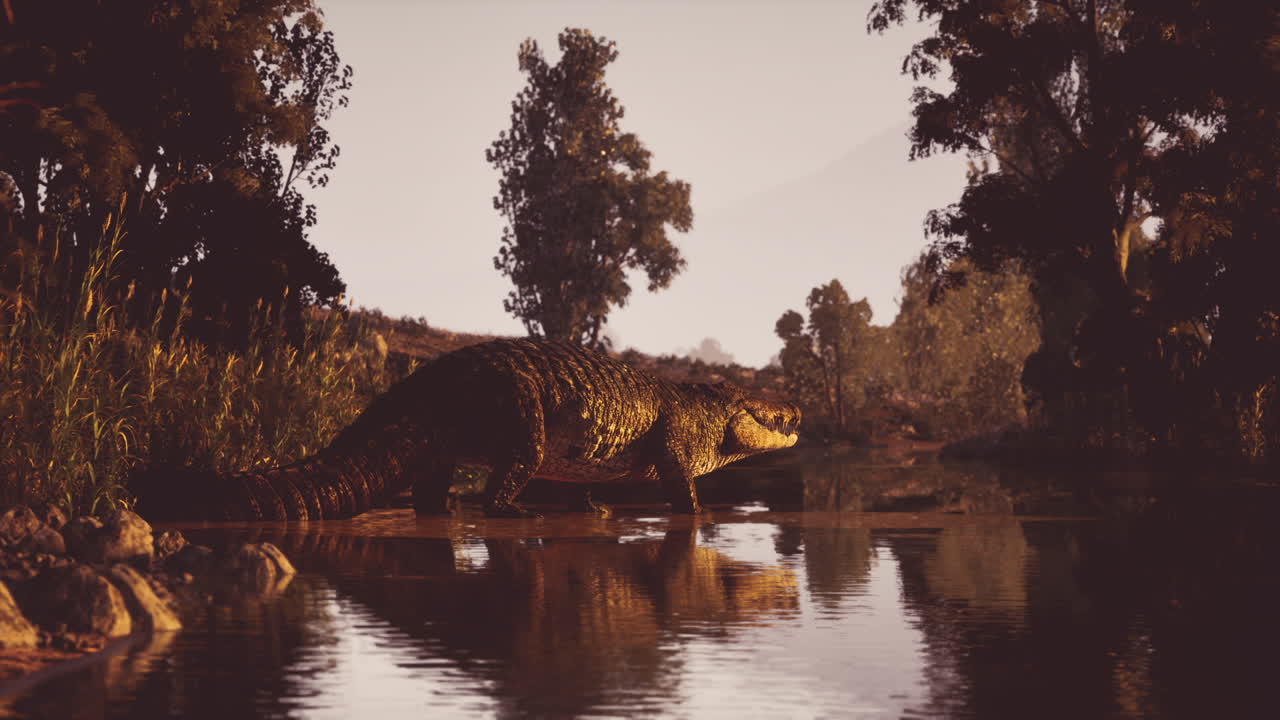cocodrilo cruzando la orilla del río al atardecer cerca de la vegetación exuberante