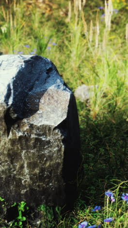 close up of a rock in a grassy field with blue wildflowers