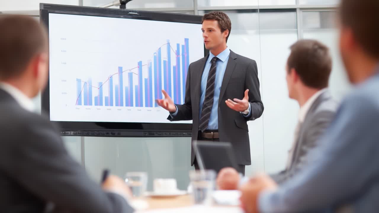 Professional Presentation in a Modern Office Setting: A Businessman Engaging His Audience While Presenting Data Analytics Trends on a Chart Display