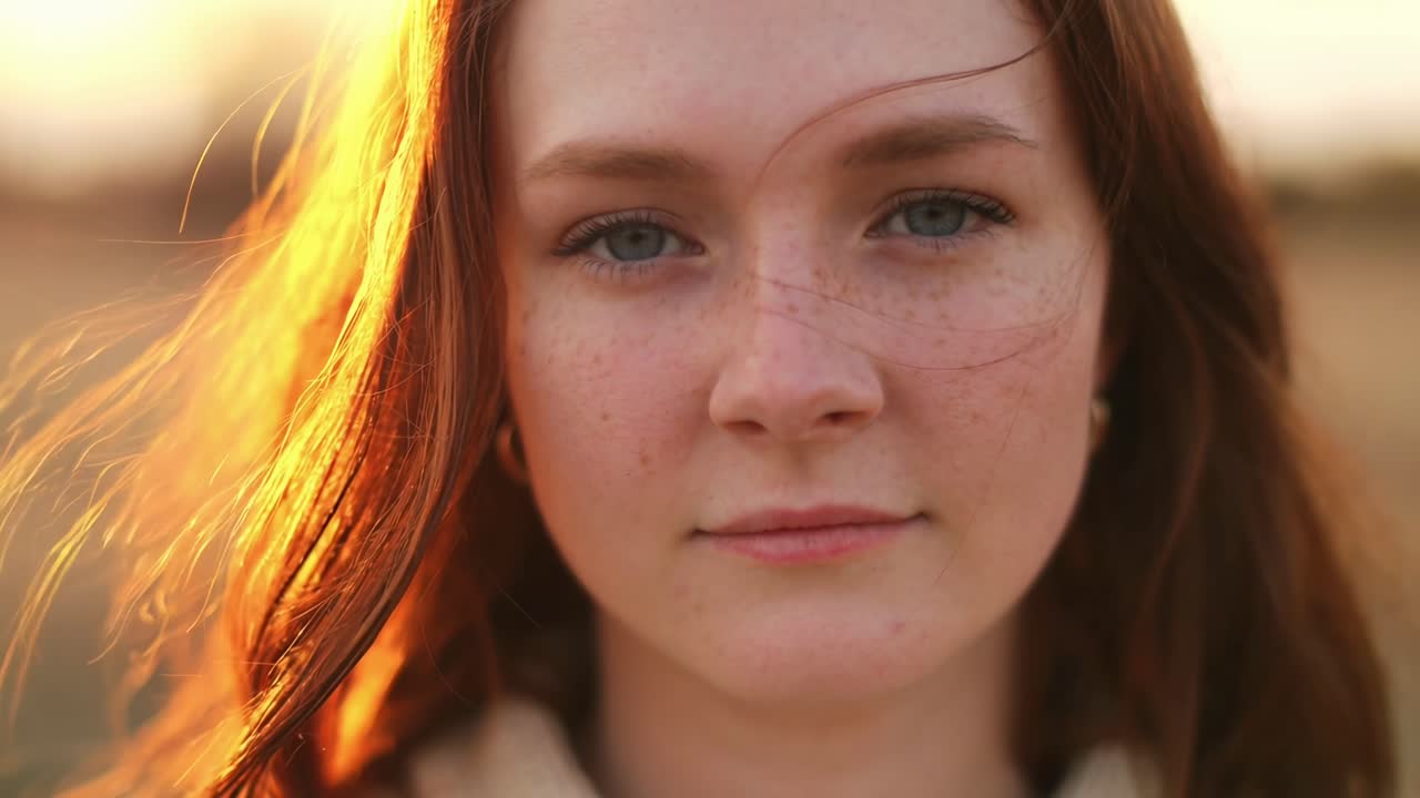 Close-up video shot of a woman with red hair at sunset, capturing serene expression