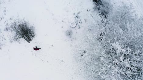 Lumberjack-put-tree-branch-in-pile-while-deforest-ditch-trench,-winter