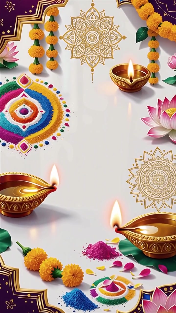 Sfondo Diwali con Diyas luminosi, Rangoli e fiori di loto