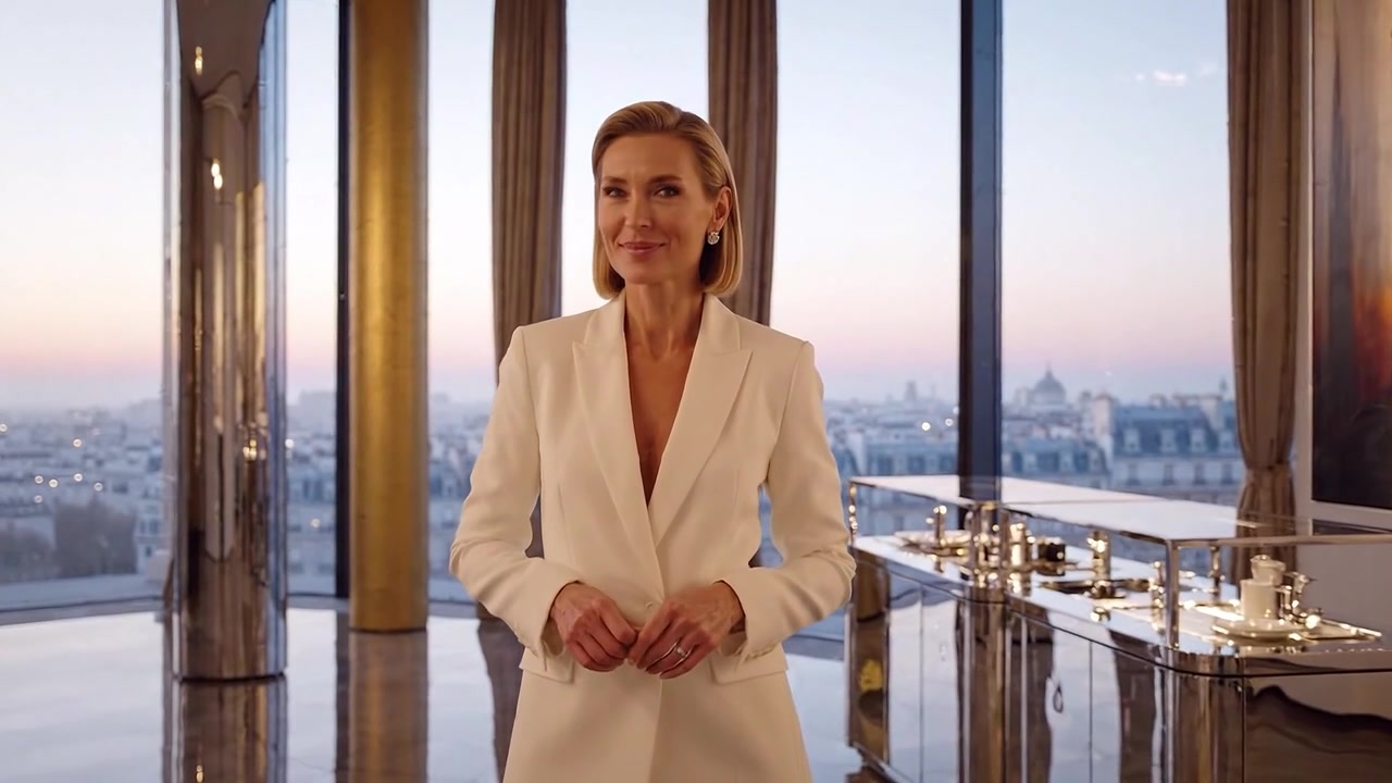 Elegante Frau im weißen Anzug steht inmitten luxuriöser Einrichtung mit Blick auf die Stadtlandschaft bei Sonnenuntergang, die Raffinesse und moderne Ästhetik in einem kunstvollen Ambiente betont.