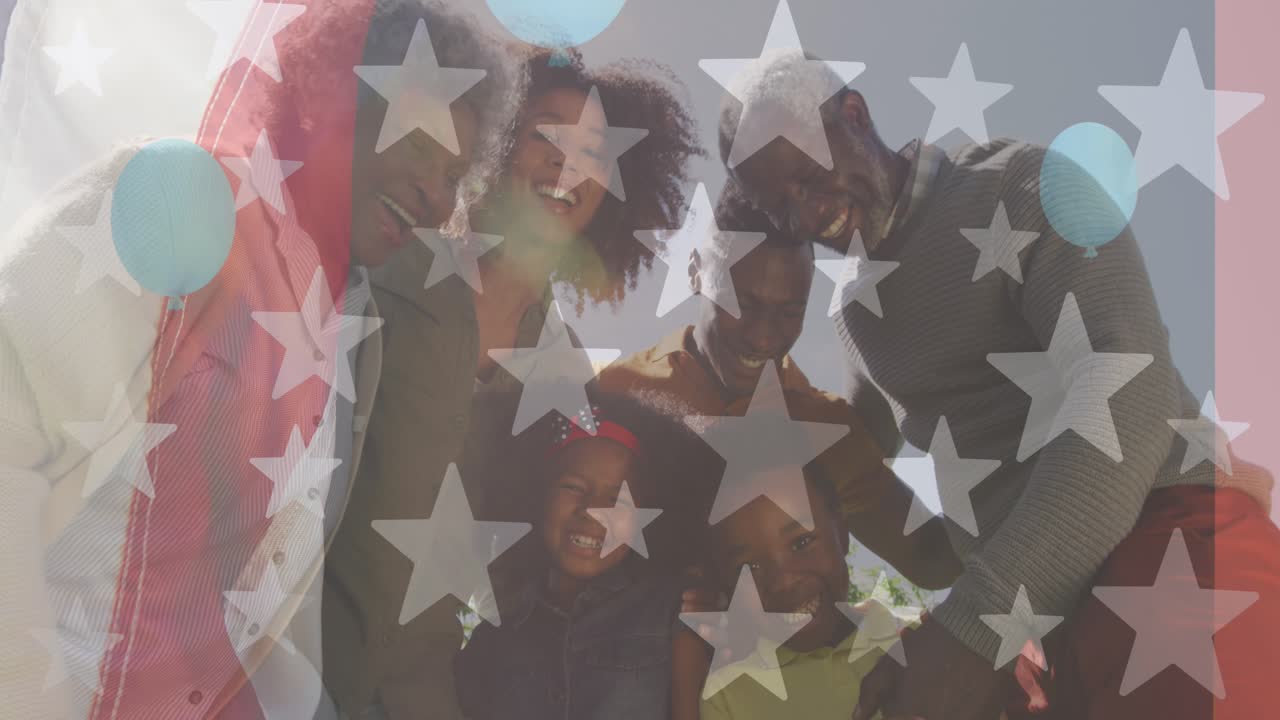 Animazione della bandiera degli Stati Uniti su una famiglia afroamericana sorridente