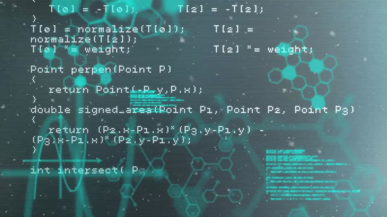 Animation of programming language moving over molecular structures