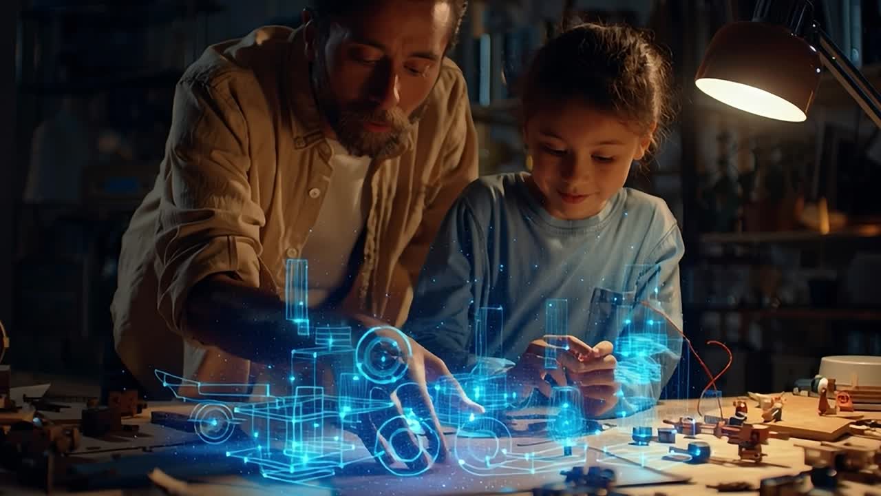 Father and daughter collaborate on a creative project in a workshop