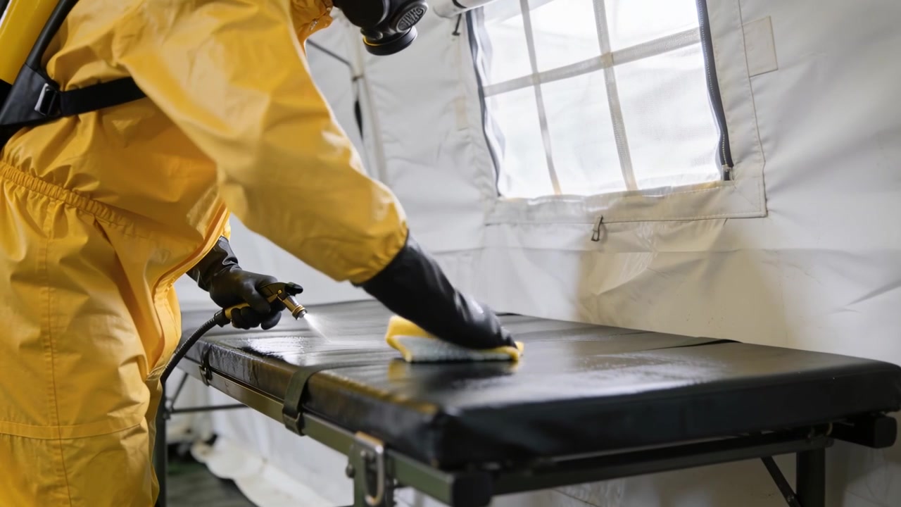 Spraying nozzle, worker in hazmat suit disinfecting vinyl stretcher inside white tent, copy space