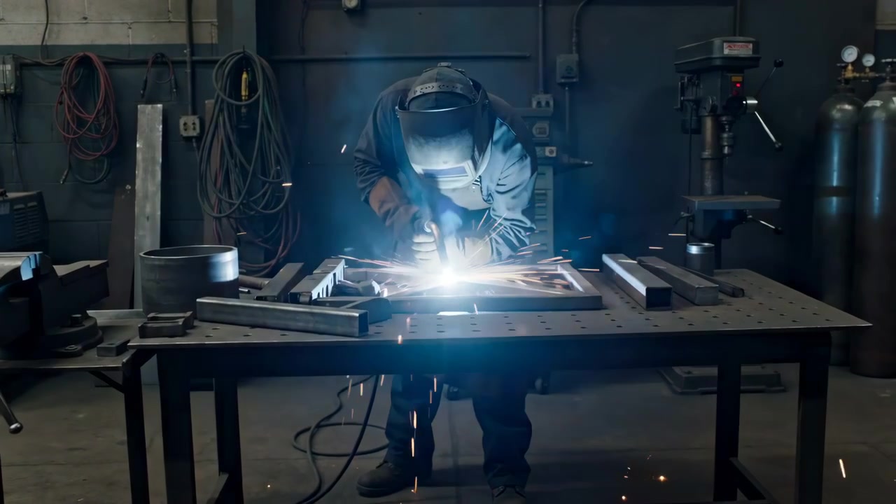 Welder wearing protective helmet and gloves leans over heavy steel workbench while producing bright bluish white welding arc and streams of orange sparks scattering across table and floor inside