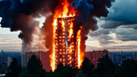 un edificio alto está envuelto por llamas y humo