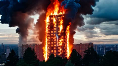 a tall building is engulfed by flames and smoke