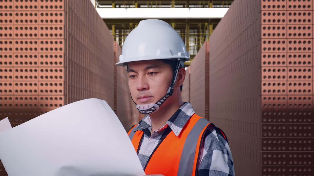 Close Up Side View Of Asian Male Engineer With Safety Helmet Looking At Blueprint In His Hands And Looking Around While Standing With Red Brick Packed in Stacks Are Stored