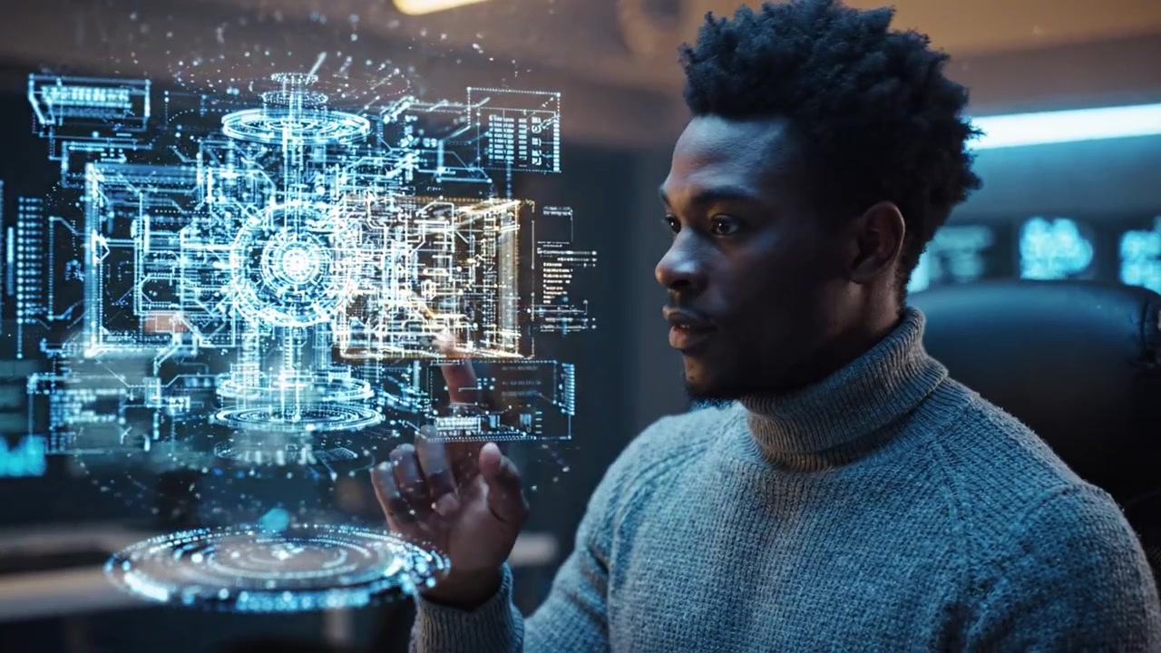 A man engaged with futuristic technology, interacting with holographic displays in a modern workspace, showcasing innovation and advanced digital interfaces.