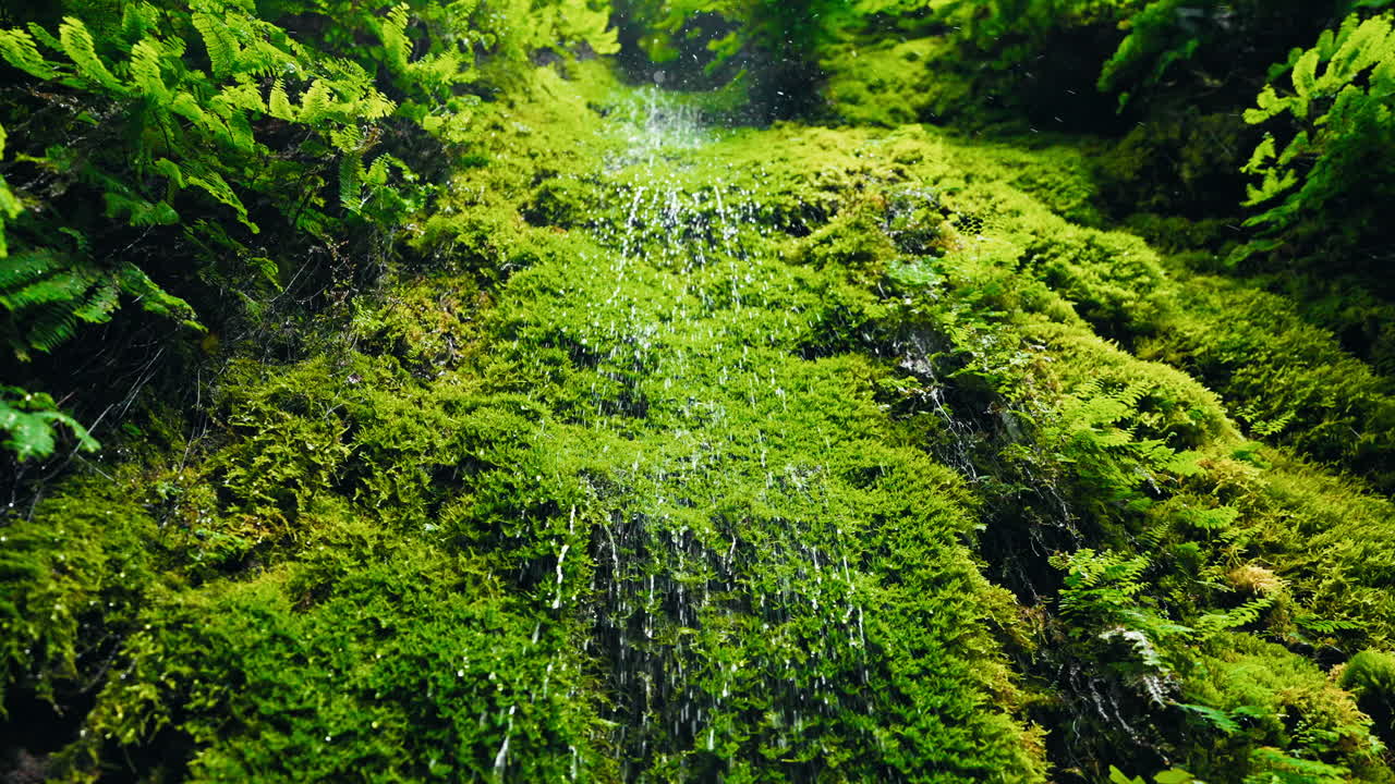 Moss covered waterfall in forest dripping from above