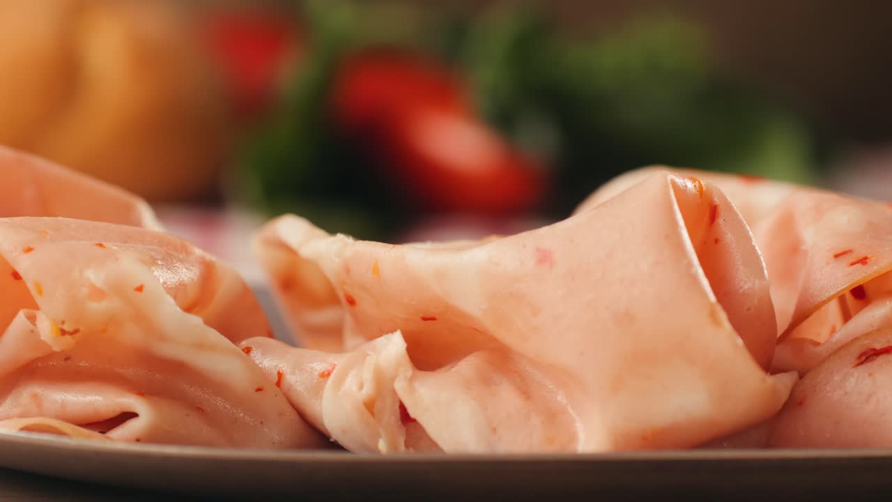 Ham italian mordatella, man Slices Of Traditional Italian antipasti mortadella sausage on a wooden cutting board, close up macro of chicken or turkey jamon, fat breakfast dish.