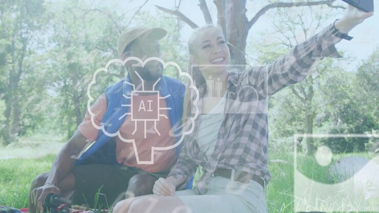 Couple sitting on grass, woman extending phone capturing selfie, tech app generating AI overlays