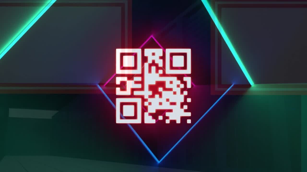 Animation of neon qr code and lights moving in digital space