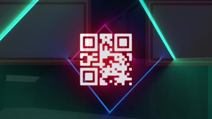 Animation of neon qr code and lights moving in digital space