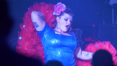 close-up of sensual female burlesque dancer as seen through a crowd in the audience at a live show