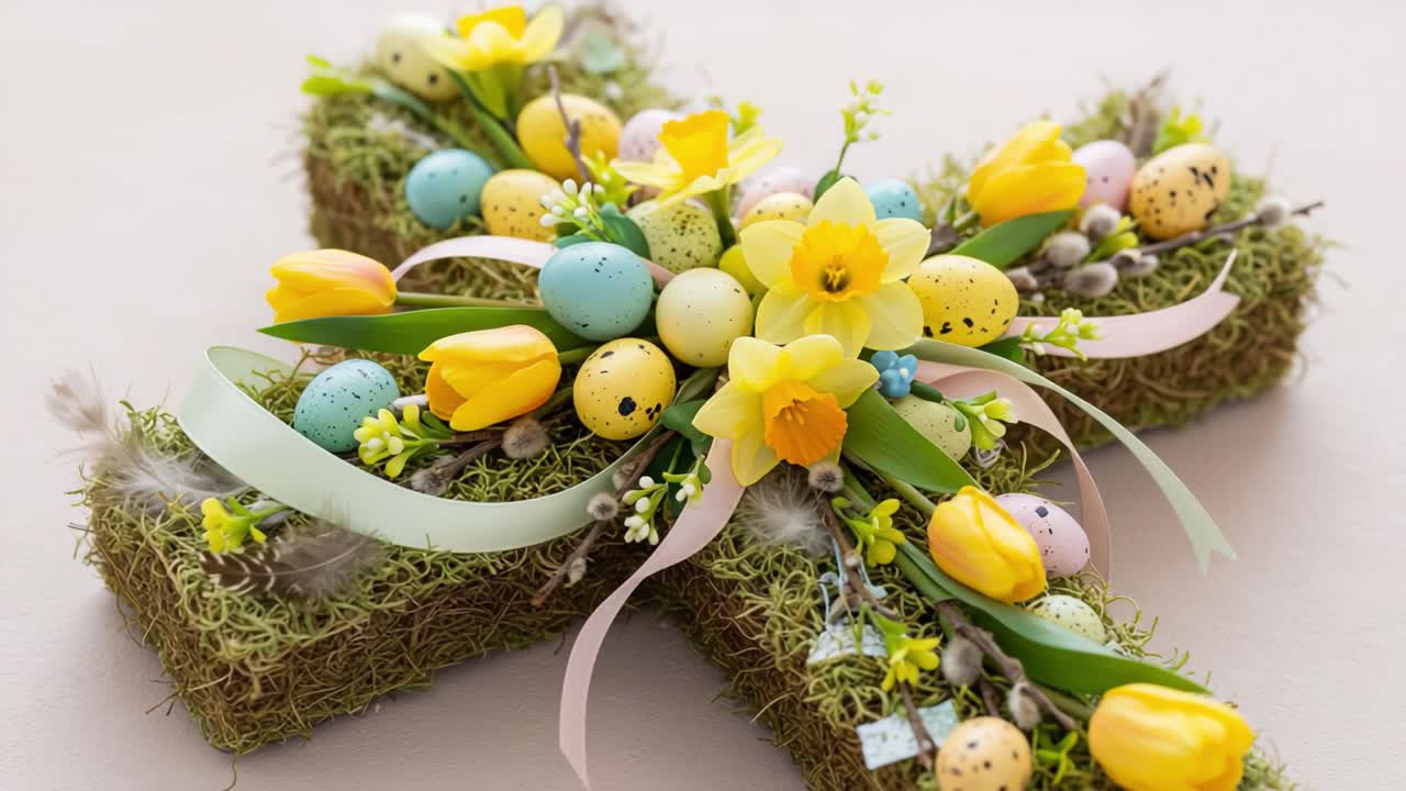 A Beautifully Crafted Floral Cross Decoration Featuring Vibrant Yellow Tulips, Colorful Easter Eggs, and Fresh Greenery for a Joyful Spring Celebration