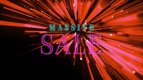 Animation-of-neon-massive-sale-text-banner-and-pink-glowing-light-trails-against-black-background