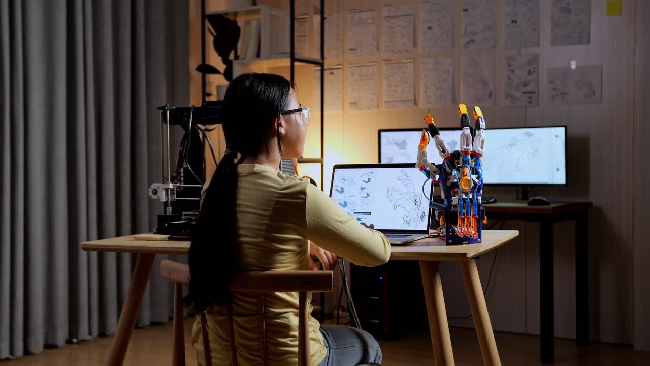 십대 아시아 소녀가 3d 프린팅으로 사이보그 손을 확인하면서 집에서 노트북으로 디자인합니다.