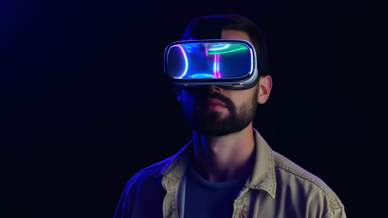 Uomo che indossa un visore VR con linee neon luminose sullo schermo