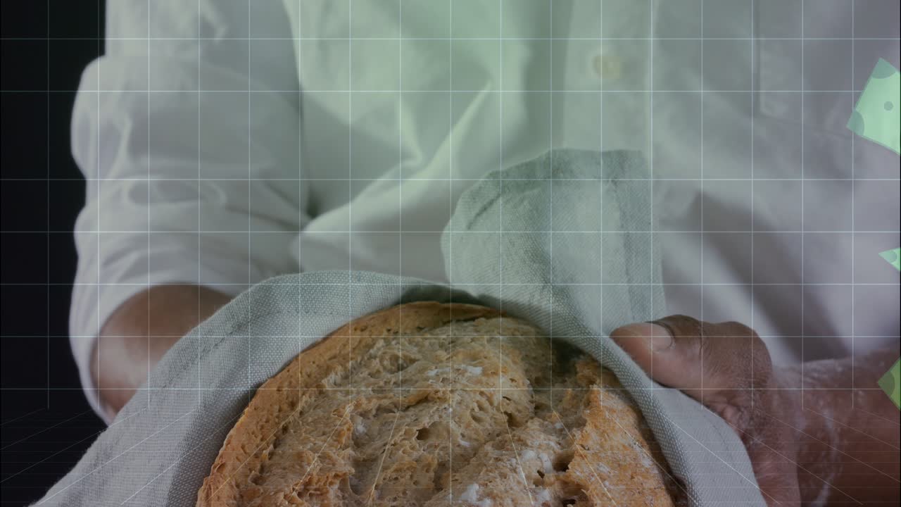 Man holding loaf presenting finance graphics appearing from left swirling over cloth showing price