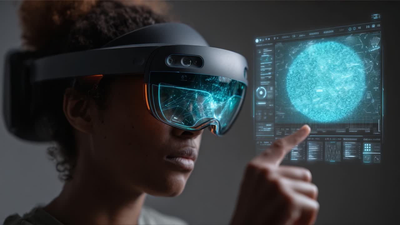 Exploring the Future of Virtual Reality: A Close-Up of an Individual Immersed in a Digital Universe Wearing a Cutting-Edge Mixed Reality Headset and Interacting with Holographic Displays
