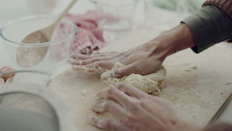 bread, bakery and hands baking with dough press