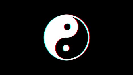 yin and yang glitch effect. black background.