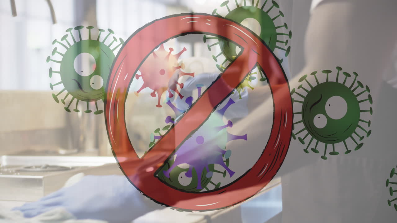 코로나19 세포를 막기 위한 표지판 마스크를 착용한 남자를 대상으로 소독제로 바 카운터를 청소합니다.