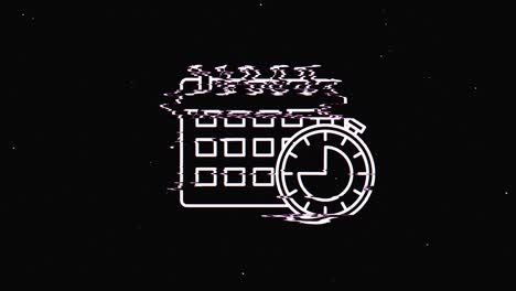 línea de tiempo y reloj hud símbolo holográfico en pantalla de televisión digital vieja animación de glitch de bucle sin costuras. corazones. retro dinámico y alegre. imágenes de video coloridas y vintage.