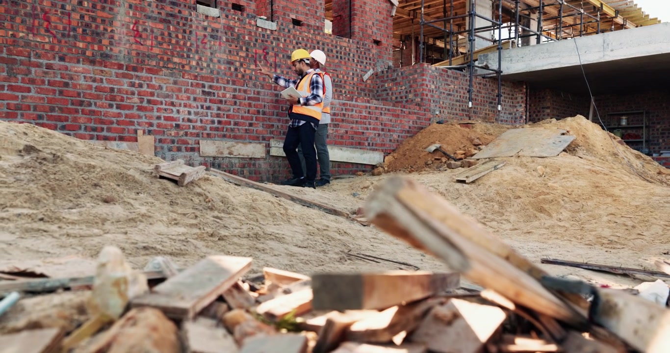 Construction Workers Inspecting Brick Wall at Building Site