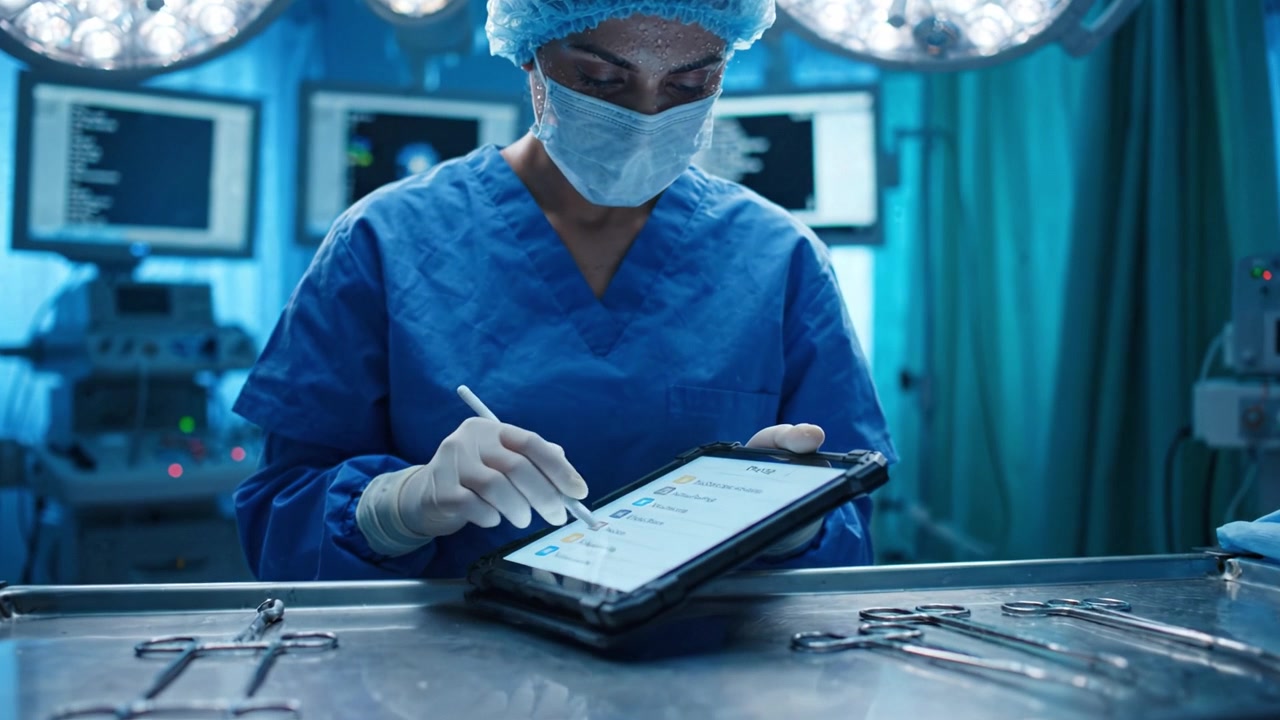 Cirujano con uniforme azul usando una tableta para la gestión de datos de pacientes en un quirófano con iluminación quirúrgica brillante y equipo médico avanzado