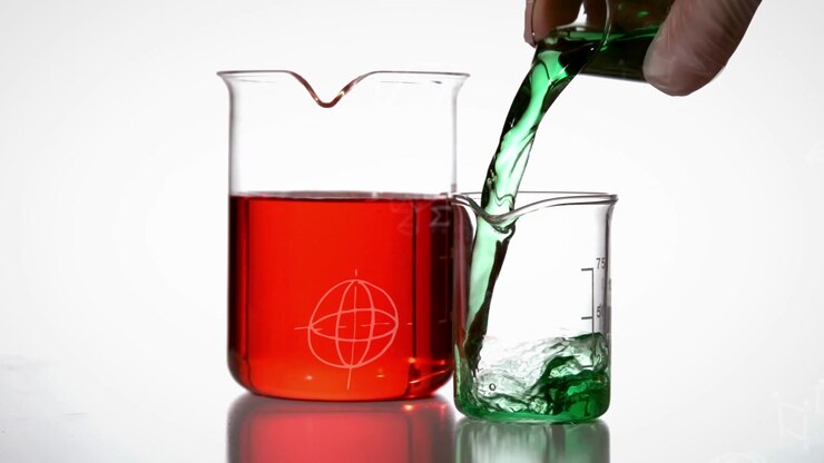 Animation of mathematical equations over beakers with liquid on white background
