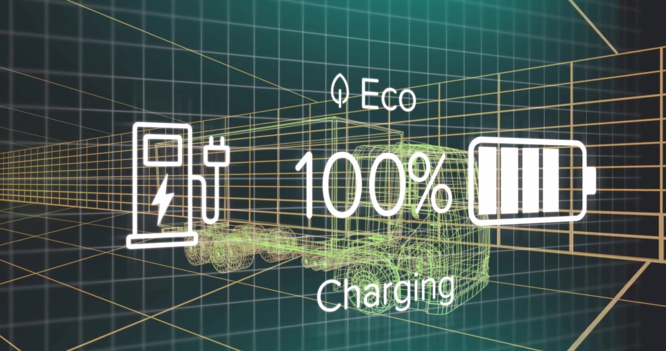 Animation of data processing over digital truck on black background