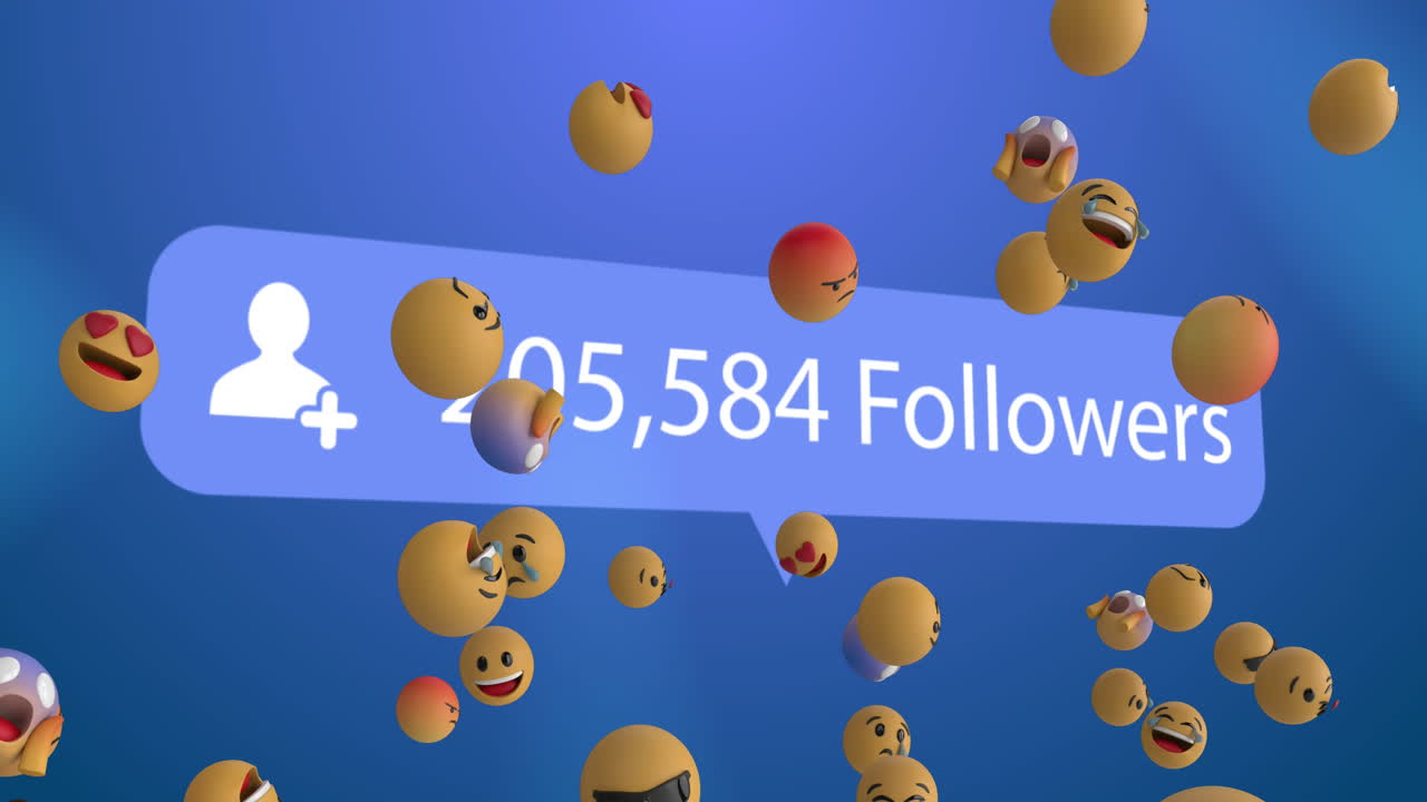Speech bubble with followers text with increasing numbers against multiple face emojis floating
