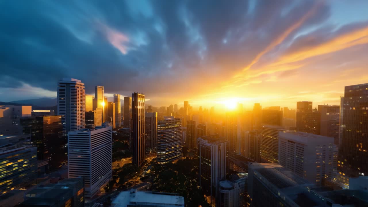 Um horizonte urbano deslumbrante ao pôr do sol: uma vista de tirar o fôlego de edifícios altos e céus laranja vívidos iluminados ao entardecer sobre uma paisagem urbana vibrante