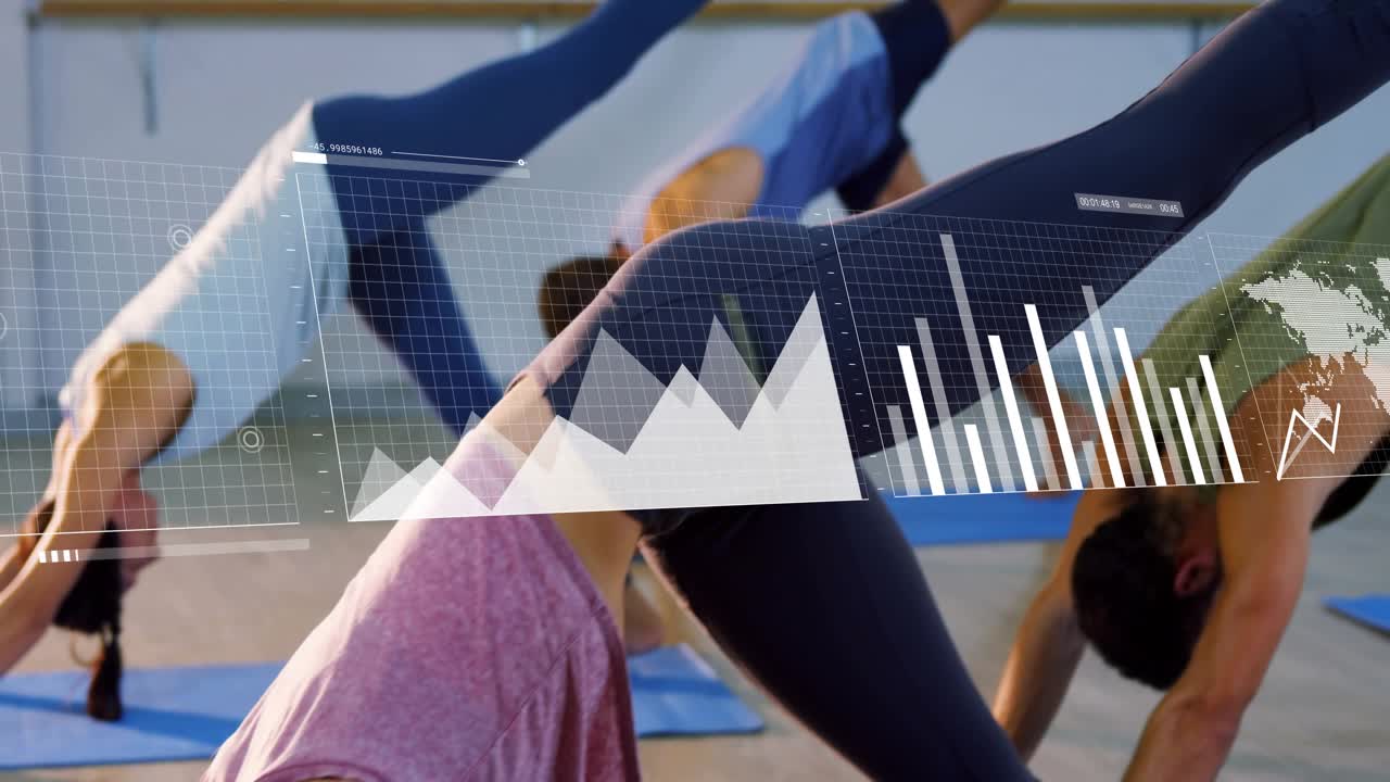 Fitness group holding plank as digital charts fading in overlaying metrics tracking progress