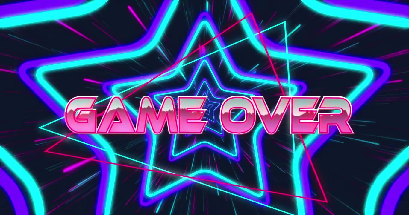 Animation af teksten 'game over' over neonformer på sort baggrund.