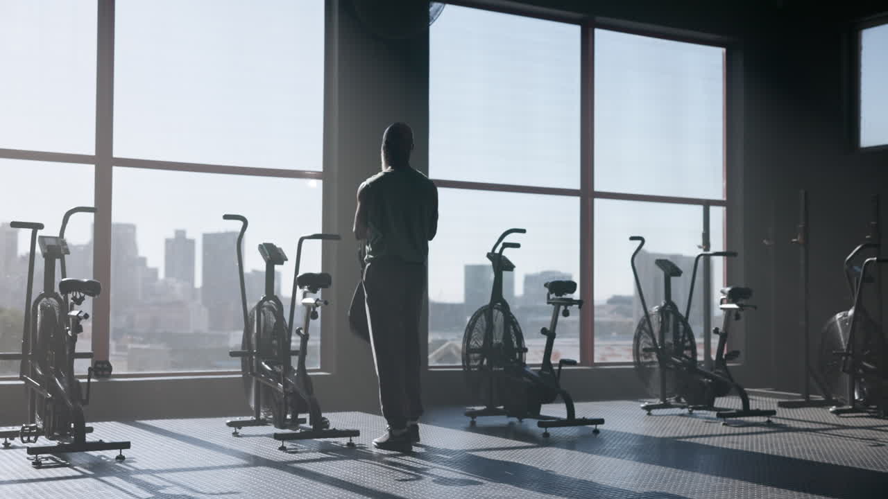 A man works out in a gym