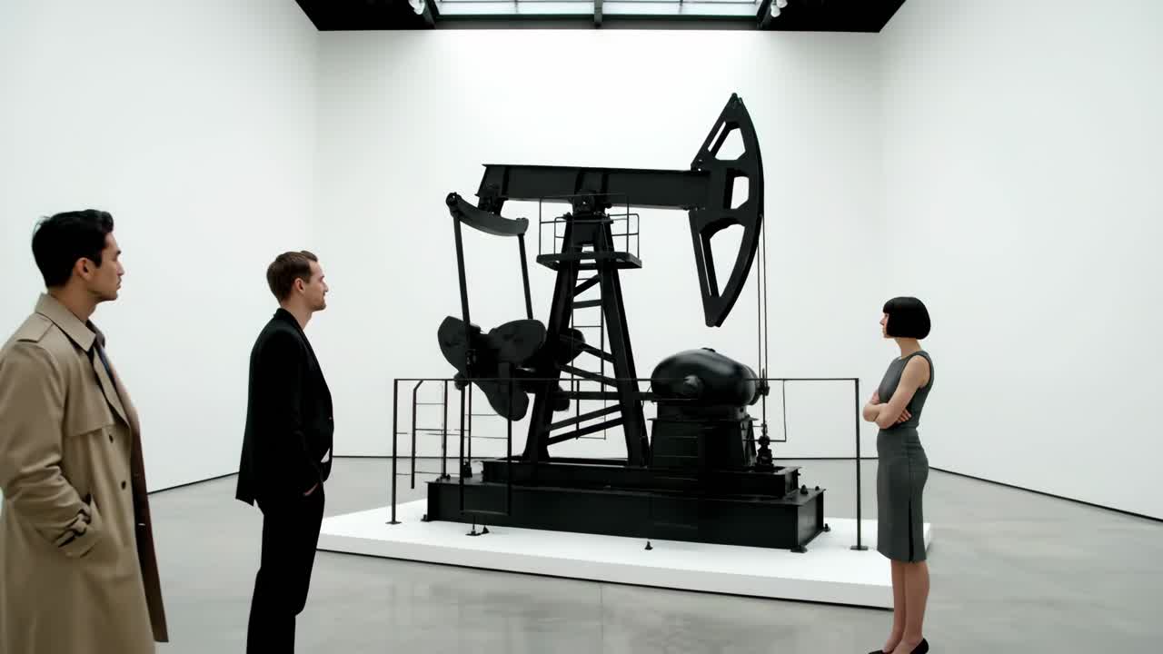 People Viewing an Oil Pump Sculpture in a Museum