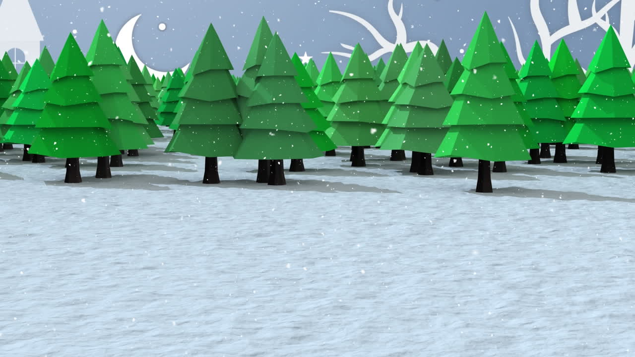 Animation of snow falling over fir trees in winter scenery