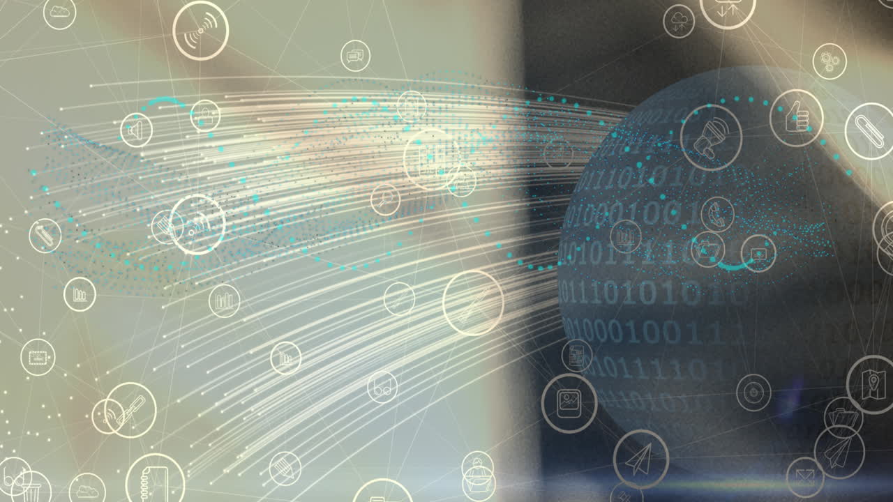 animación del globo con iconos digitales sobre un fondo borroso