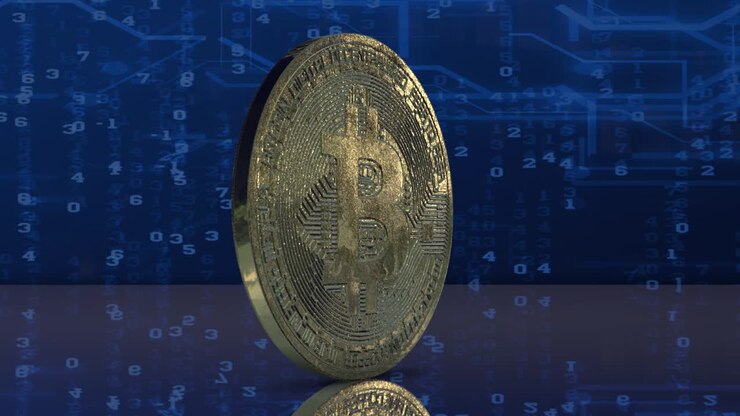Un Bitcoin rotante davanti a uno sfondo digitale, criptovaluta, video stock animato
