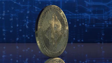 A-rotating-Bitcoin-in-front-of-a-digital-background,-crypto-currency,-animation-stock-video