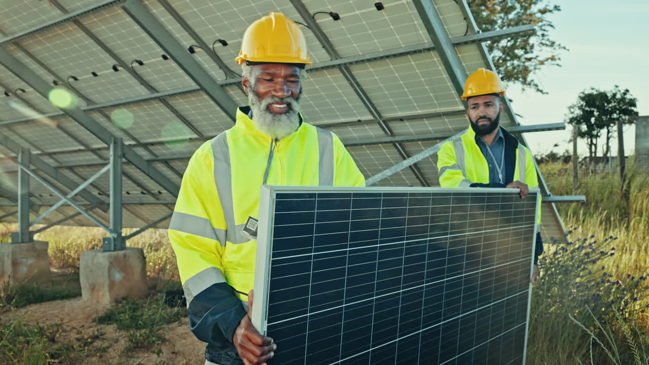 Teamwork, men with solar panels for installation